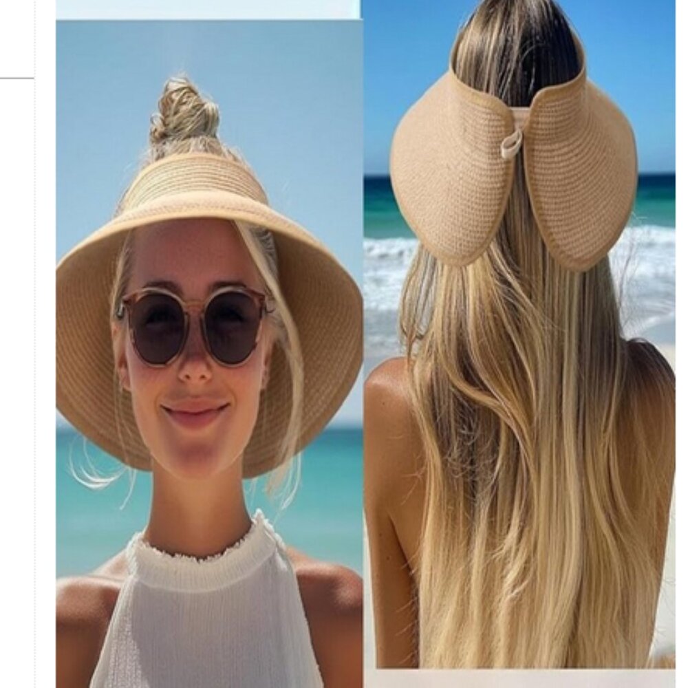 Zenana Woven Straw Adjustable Ponytail Wide Brim Travel Sun Visor Hat - Picture 4 of 11